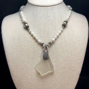 Sterling Silver 925 Freshwater Pearl & Sea Glass Statement Necklace 18" Length